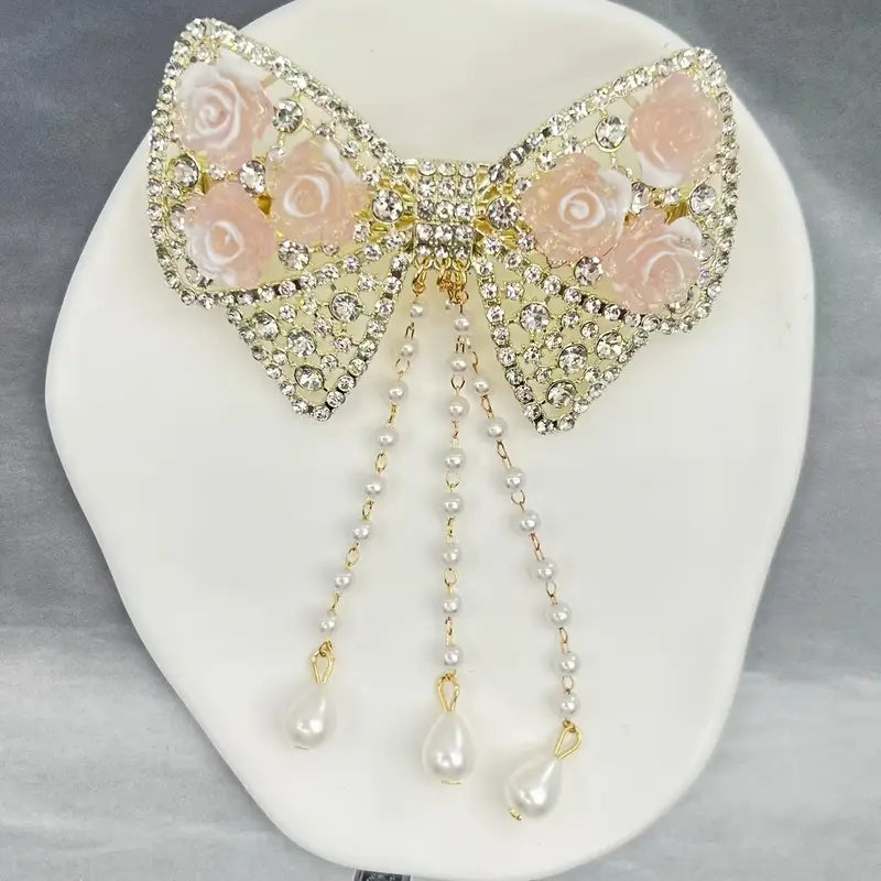 3 pc Bow & Roses Dangling Pearls Hair Clip