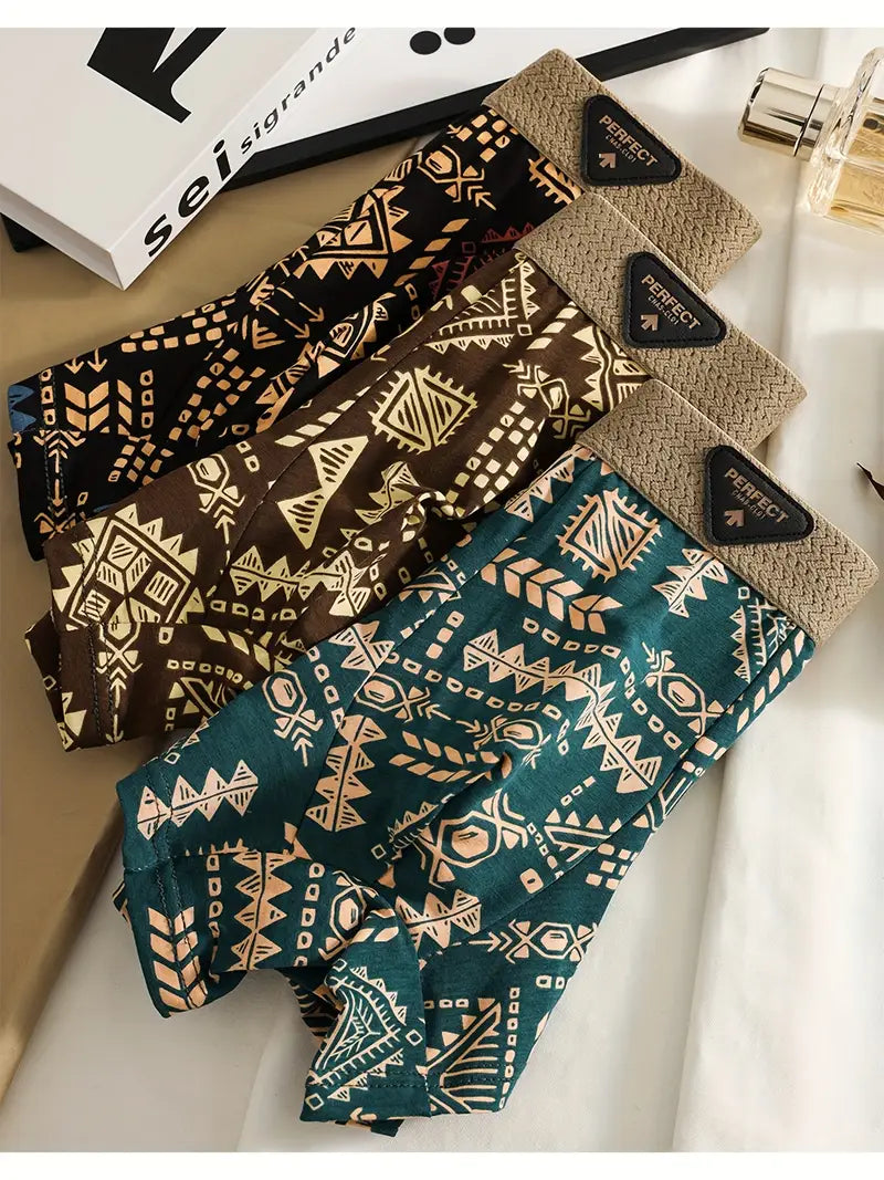 3pcs Men's Retro Geometric Print Boxer Briefs
