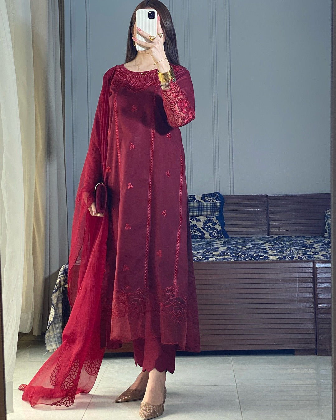 Chiffon Embroidered Dress - Majesty Wine