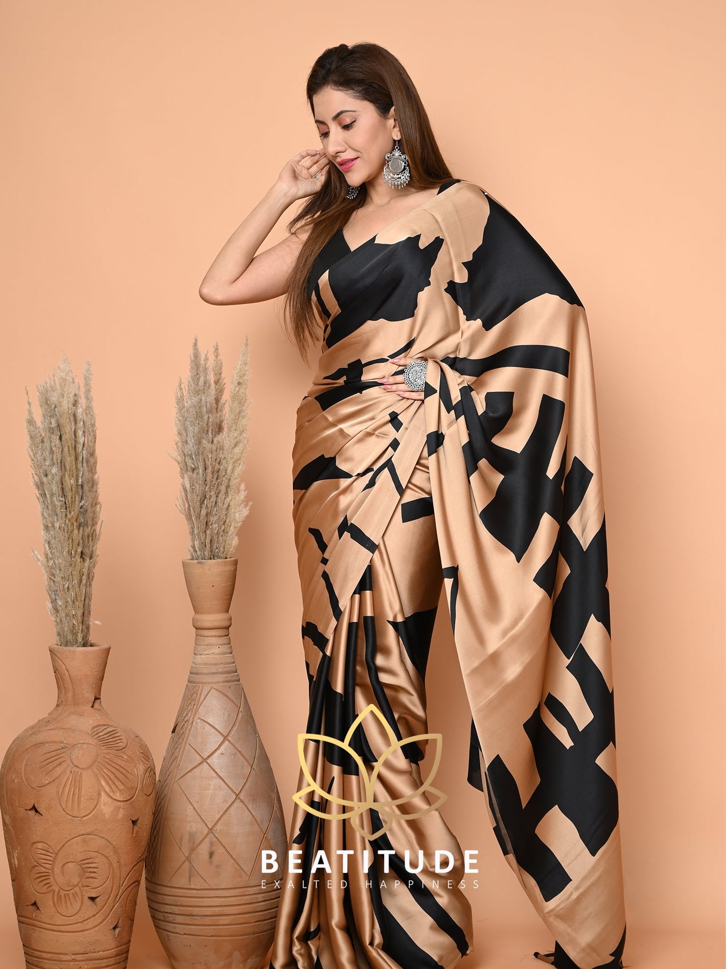 Brown Printed Satin Crepe Saree