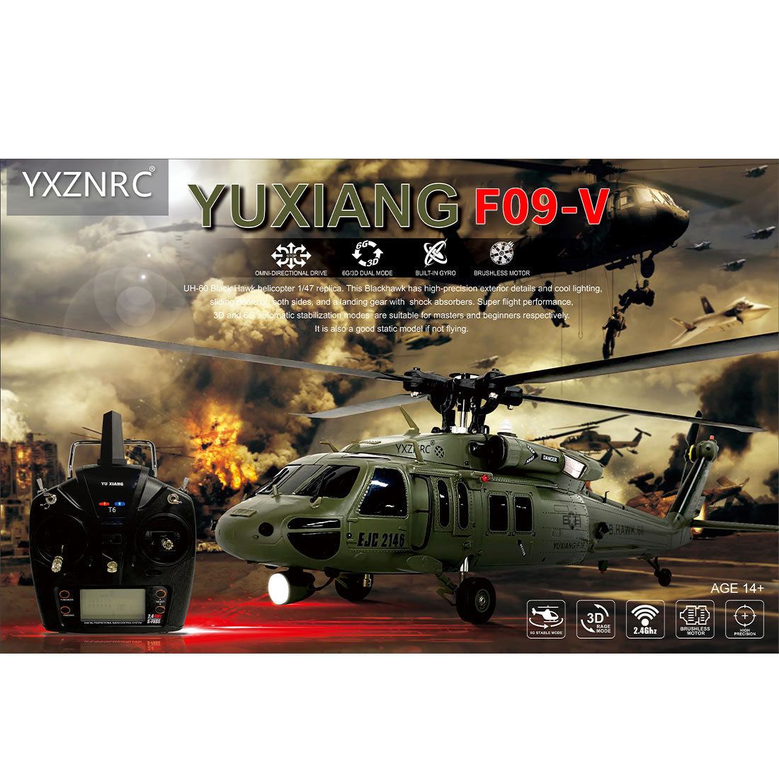 YU XIANG YXZNRC F09-V Blackhawk RC Helicopter 1/47 Scale 2.4G 6CH Dual Brushless Direct Drive Flybarless 6G/3D Stunt Model