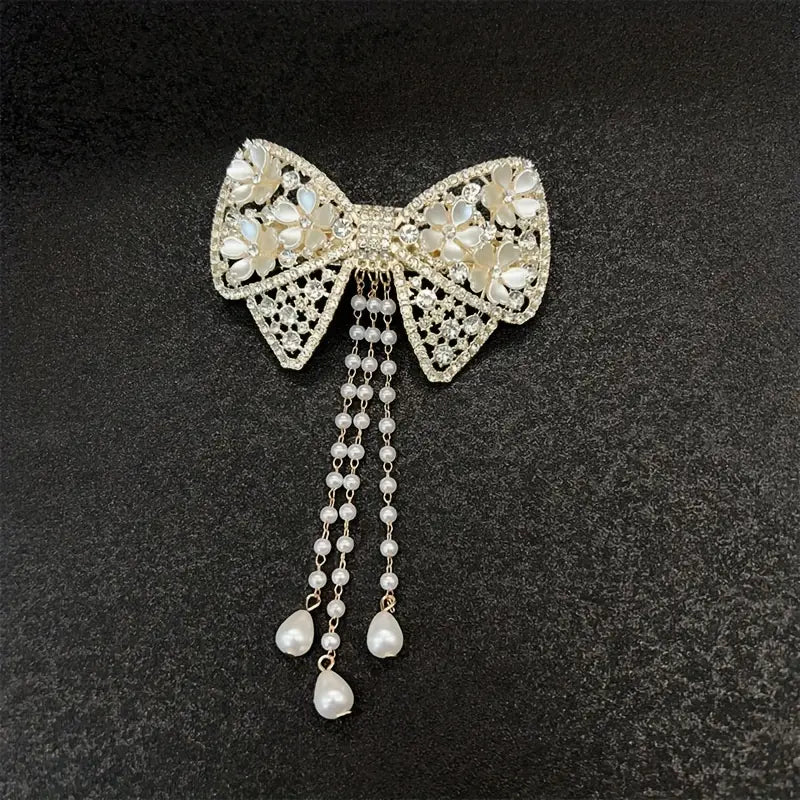 3 pc Bow & Roses Dangling Pearls Hair Clip