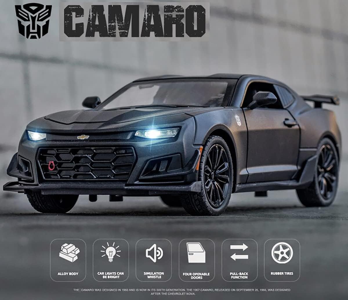 Chevrolet Camaro Metal Die Cast Car - Matte Black 1/24 - Big Size