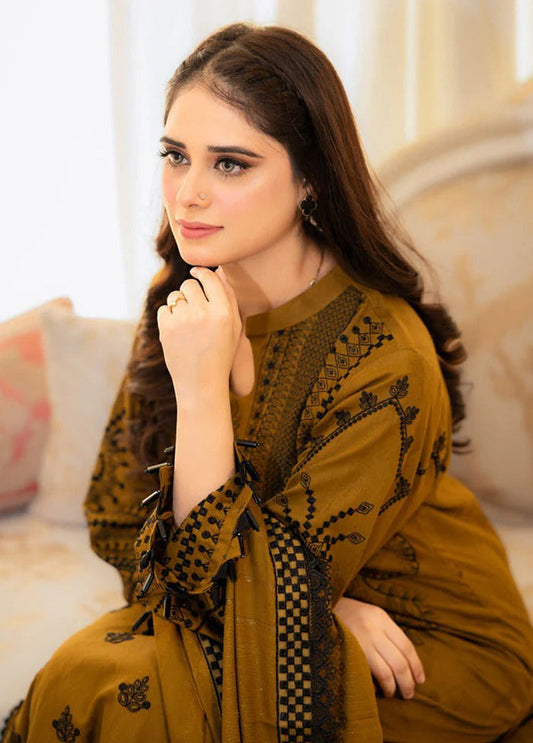 3 Pc Brown Readymade Silk Dupatta Suit Set