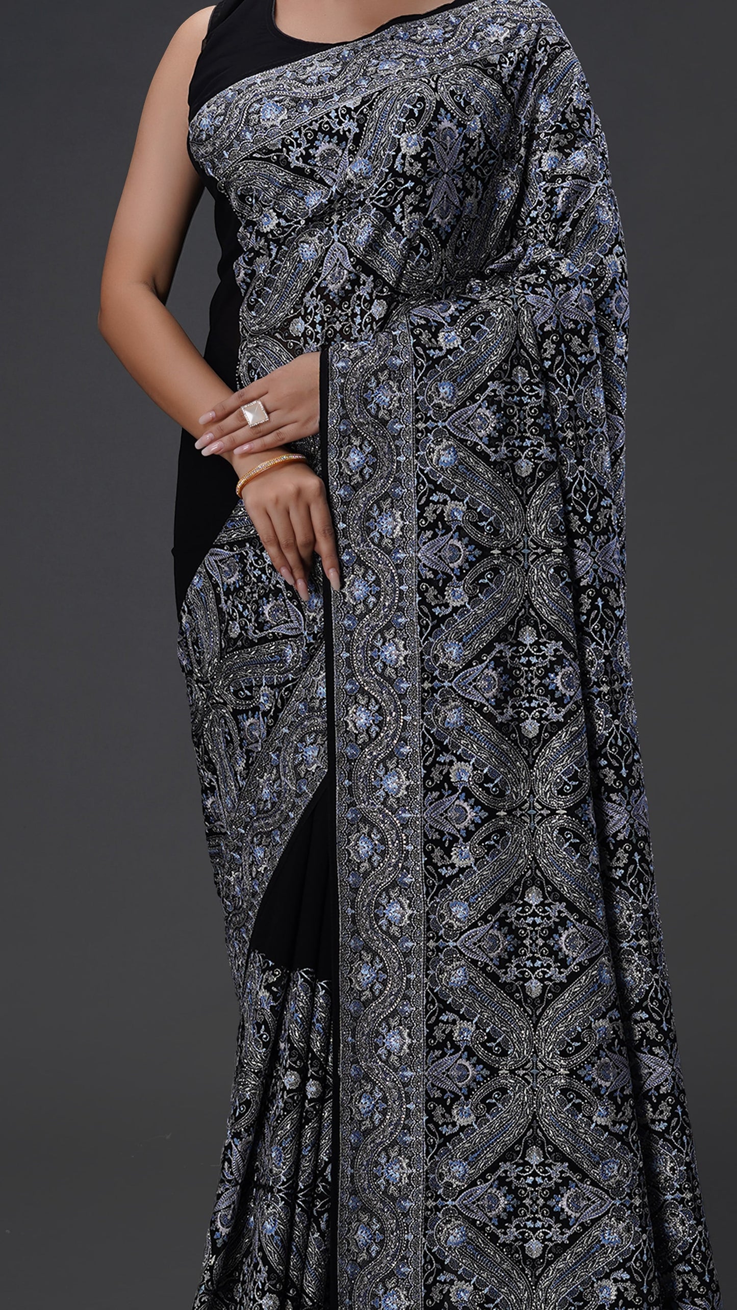 Elegant Black Georgette Saree Adorned with Sparkling Stones
