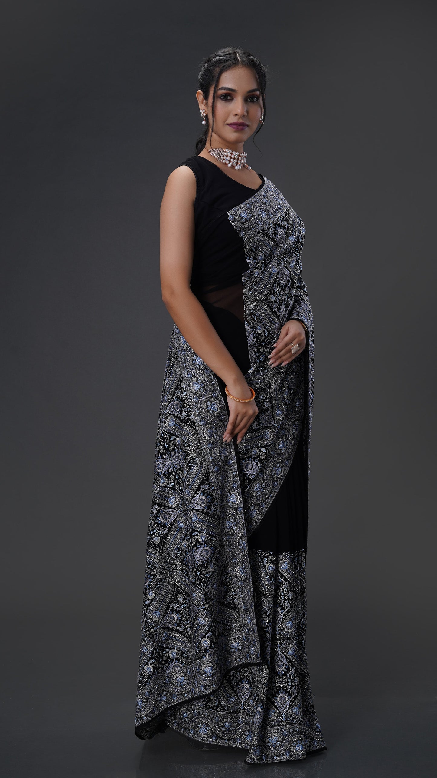 Elegant Black Georgette Saree Adorned with Sparkling Stones