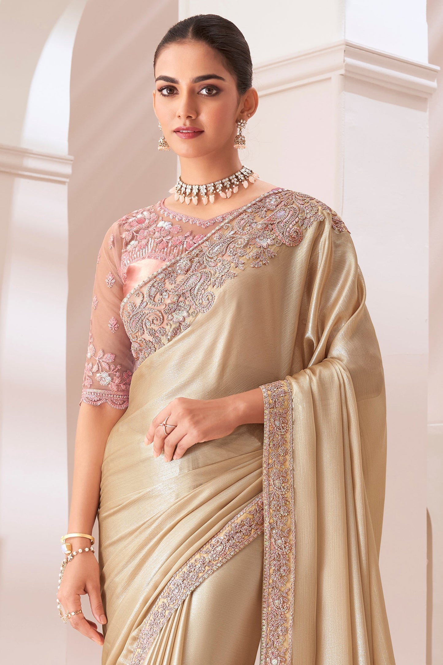 Golden Embroidered Chiffon Saree