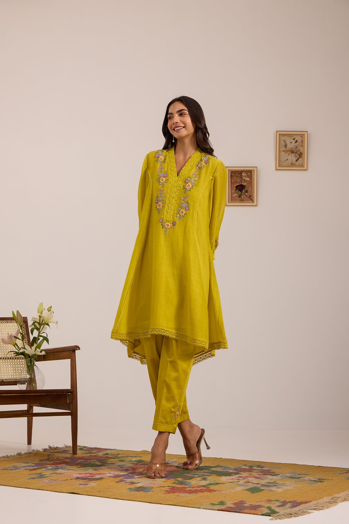 High-Low Mul Chanderi Kiva Kurta Set in Lime-Green