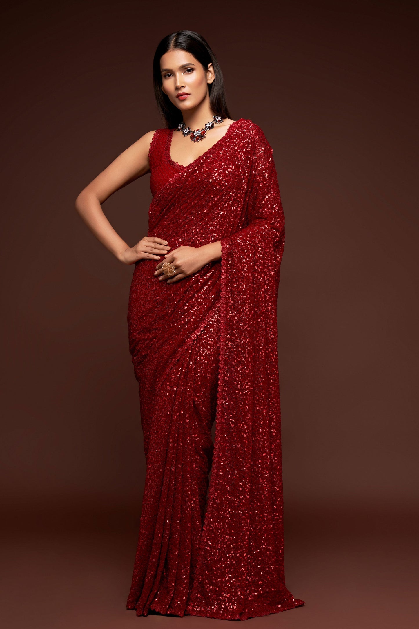Red Georgette Sequin Saree