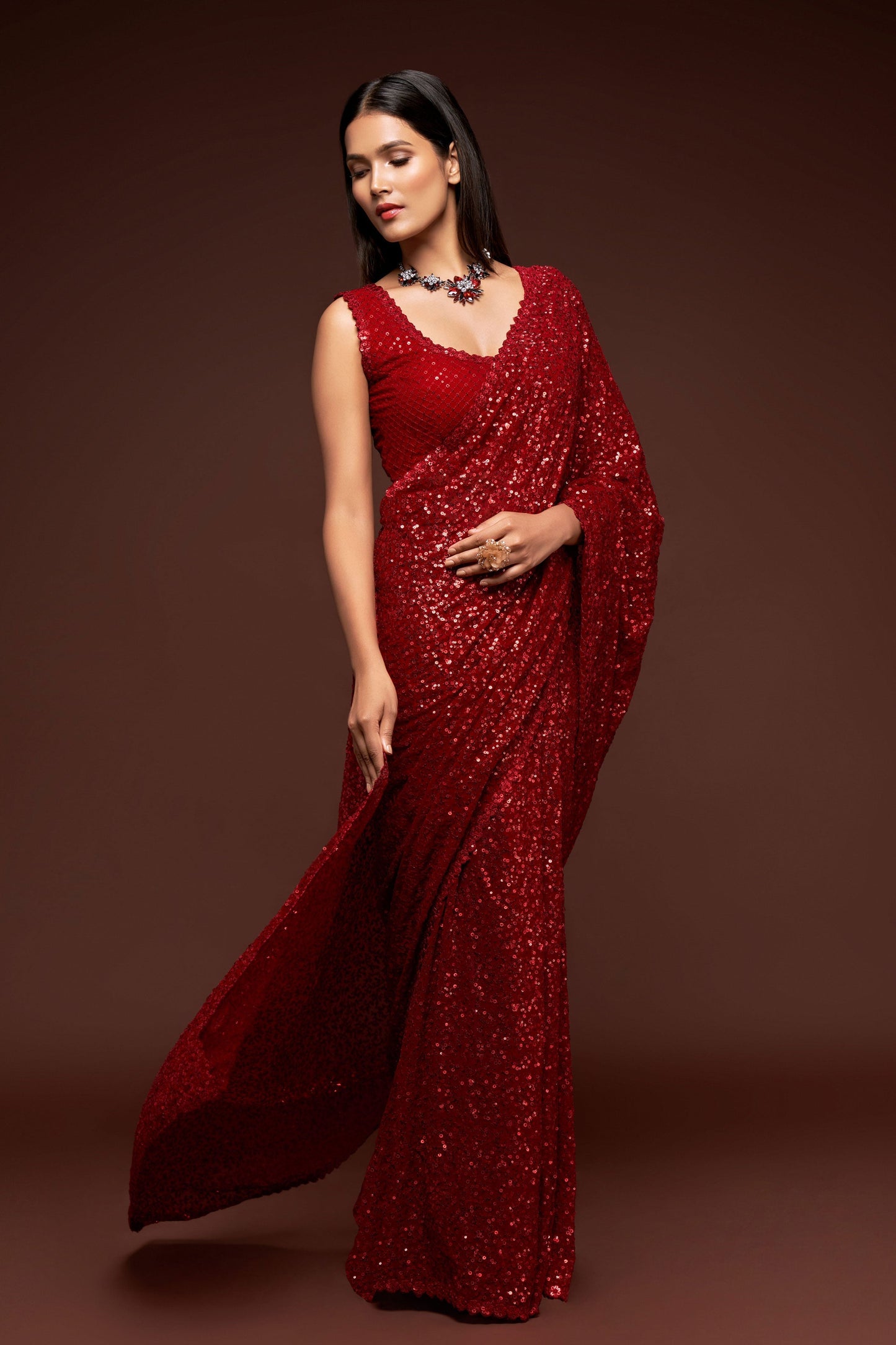 Red Georgette Sequin Saree