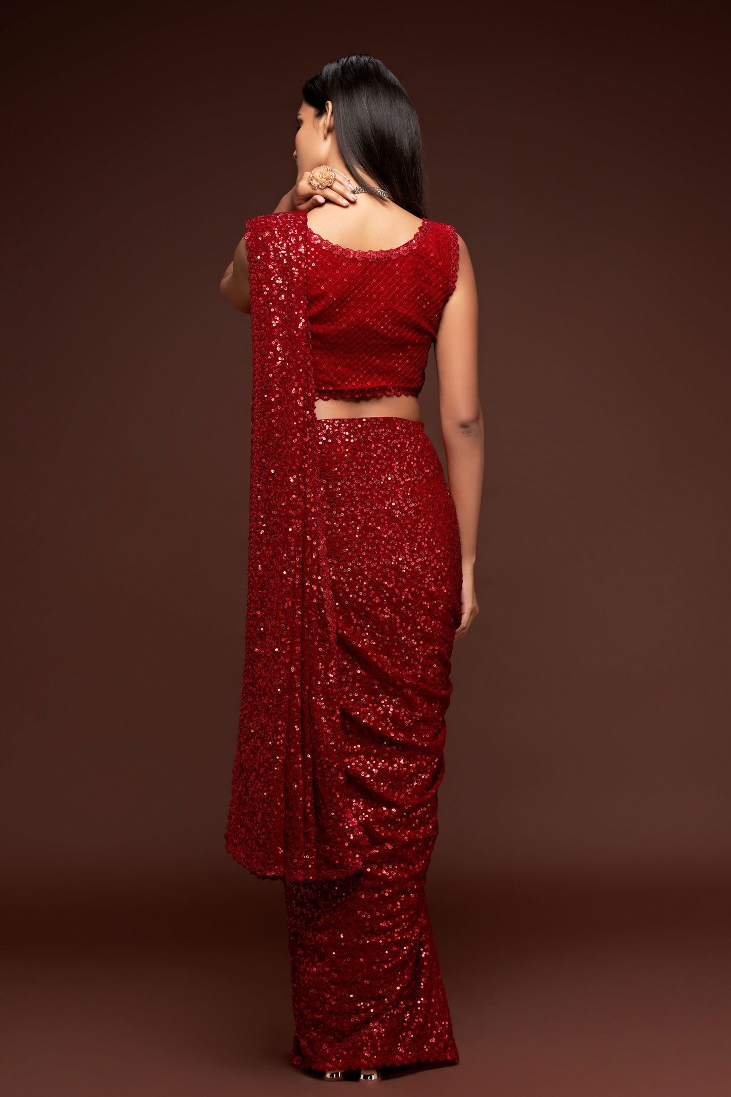 Red Georgette Sequin Saree