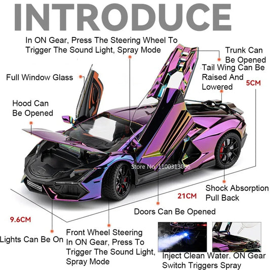 1:24 Scale Bolide Revuelto Model Sports Cars Toys Spray Version Alloy Diecast with Light Music Miniature Vehicle Boys Xmas Gifts