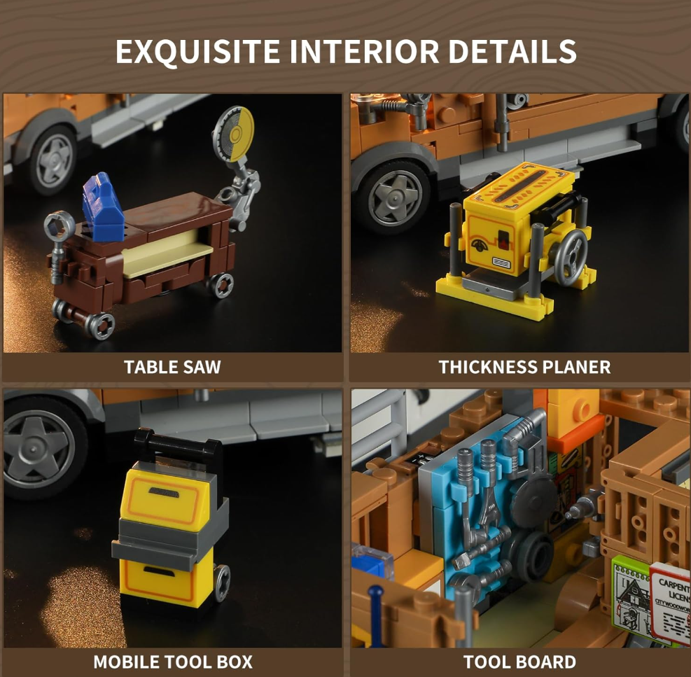 Carpentry Van Lighting Building-Bricks Set - Farm Woodworker Car Collectible Display Set 496 Pcs