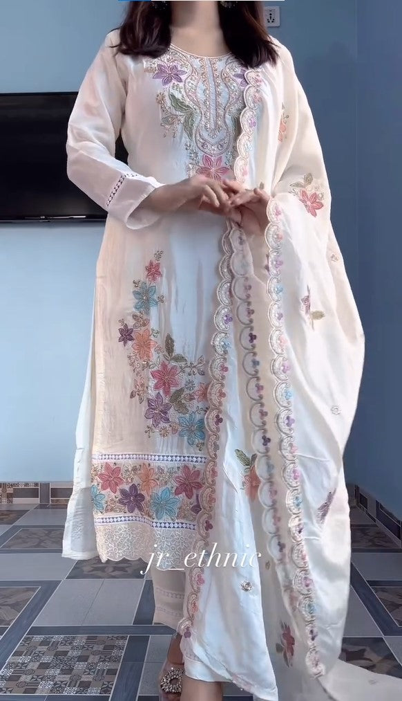 New Creap Silk Embroidered Suit With Dupatta