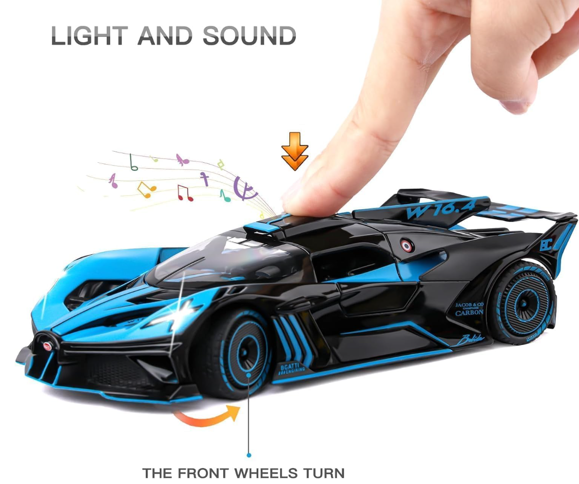 124 Diecast Bugatti Bolide Metal Pull Back Car with 6 Openable Doors & Sound Light Toy