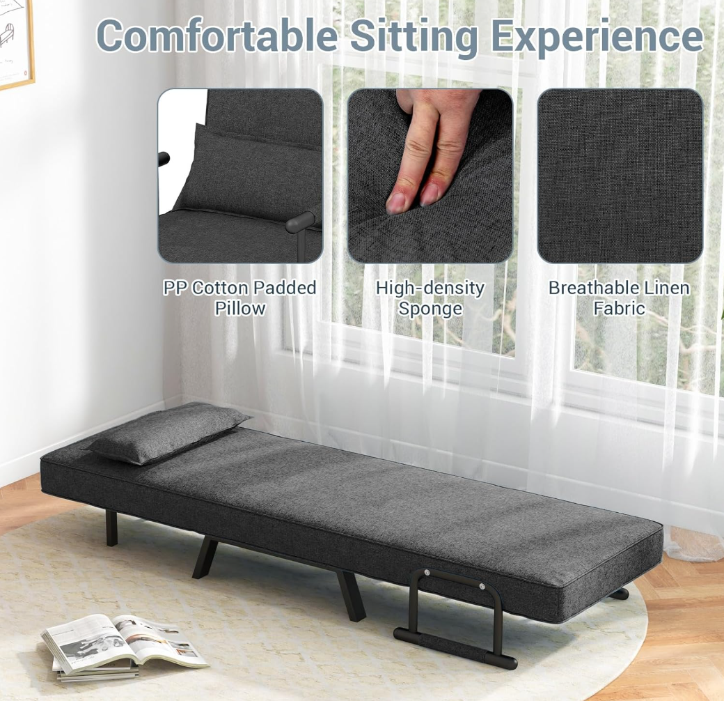 KOMFOTT Convertible Sleeper Chair Bed, 4-in-1 Folding Sofa Bed with 6-Position Adjustable Backrest, Upholstered Chaise Lounge with Removable Pillow, Leisure Recliner Lounge Couch