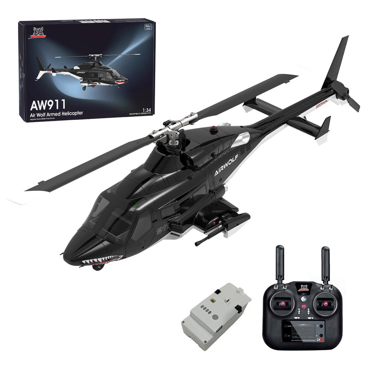 WOLFBUSH AW-911 Airwolf 1/34 Scale 2.4G 9CH Flybarless RC Helicopter Model with 6G/3D Stunt Mode and GPS Positioning (RTF Version/ Mode 1/Mode 2 Switchable)
