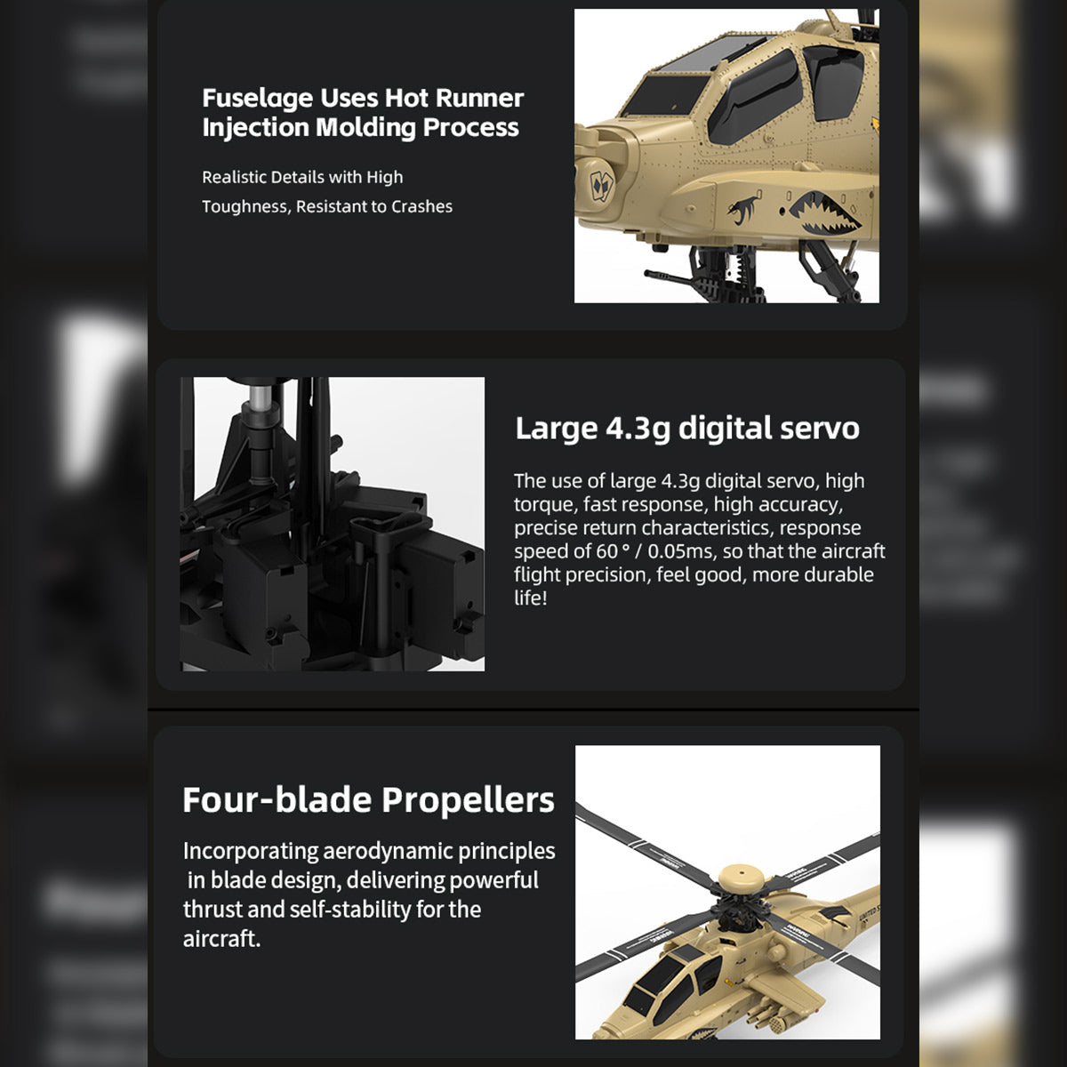 WOLFBUSH YUXIANG F11-N AH64 Apache 1/32 Scale RC Helicopter Model - 2.4G 6CH Coaxial Dual Rotor 6G/3D with Optical Flow Altitude Hold (RTF Version/Desert Yellow)