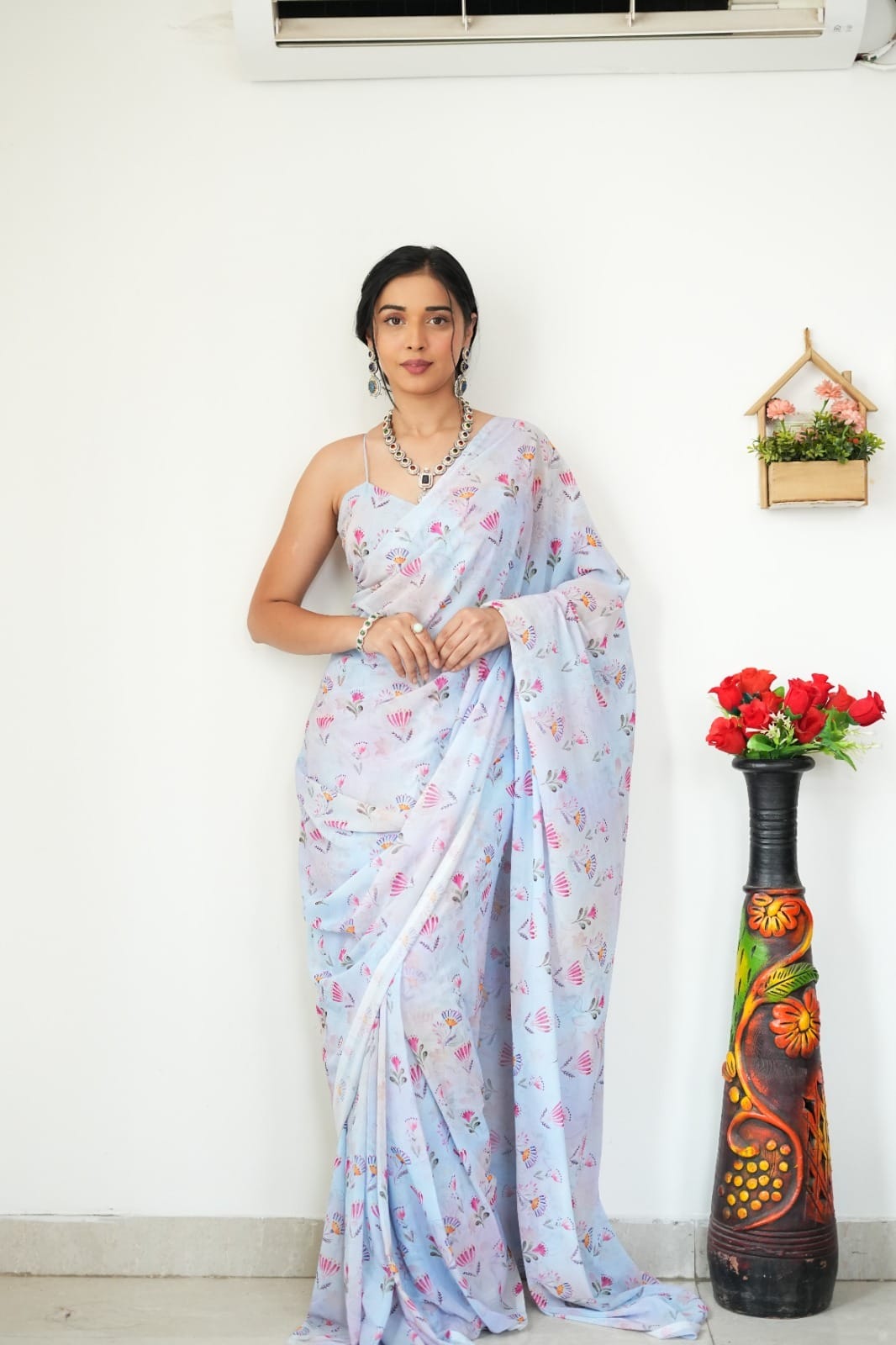 Extraordinary 1-Minute Ready To Wear Baby Pink Printed Satin Silk Saree