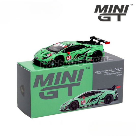 Mini GT Lamborghini Code 813 Huracan GT3 EVO2 #63 Iron Lynx IMSA 2023 Daytona 24 Hrs LHD