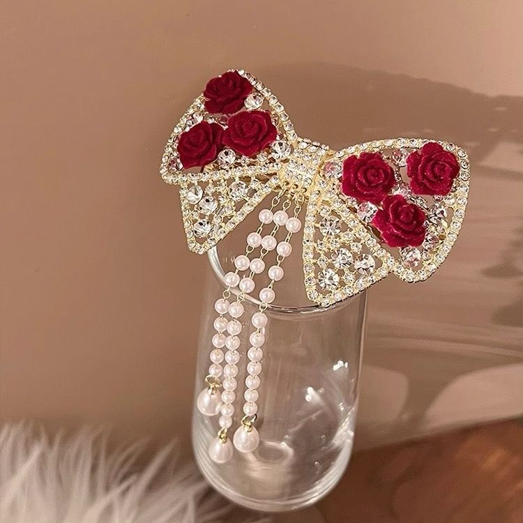 3 pc Bow & Roses Dangling Pearls Hair Clip