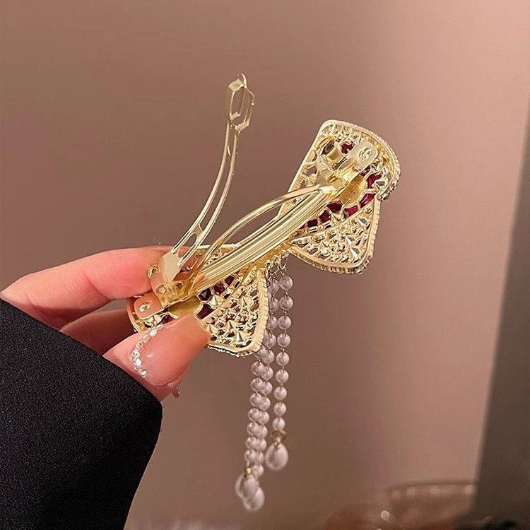 3 pc Bow & Roses Dangling Pearls Hair Clip