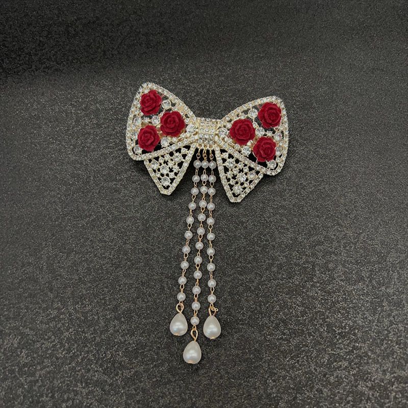 3 pc Bow & Roses Dangling Pearls Hair Clip