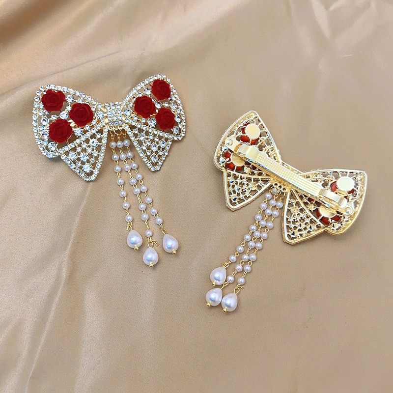3 pc Bow & Roses Dangling Pearls Hair Clip