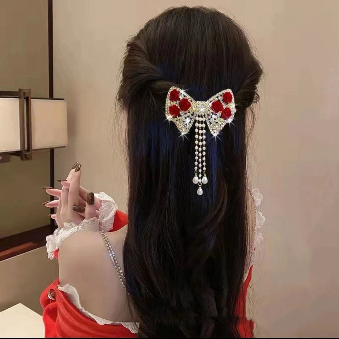 3 pc Bow & Roses Dangling Pearls Hair Clip