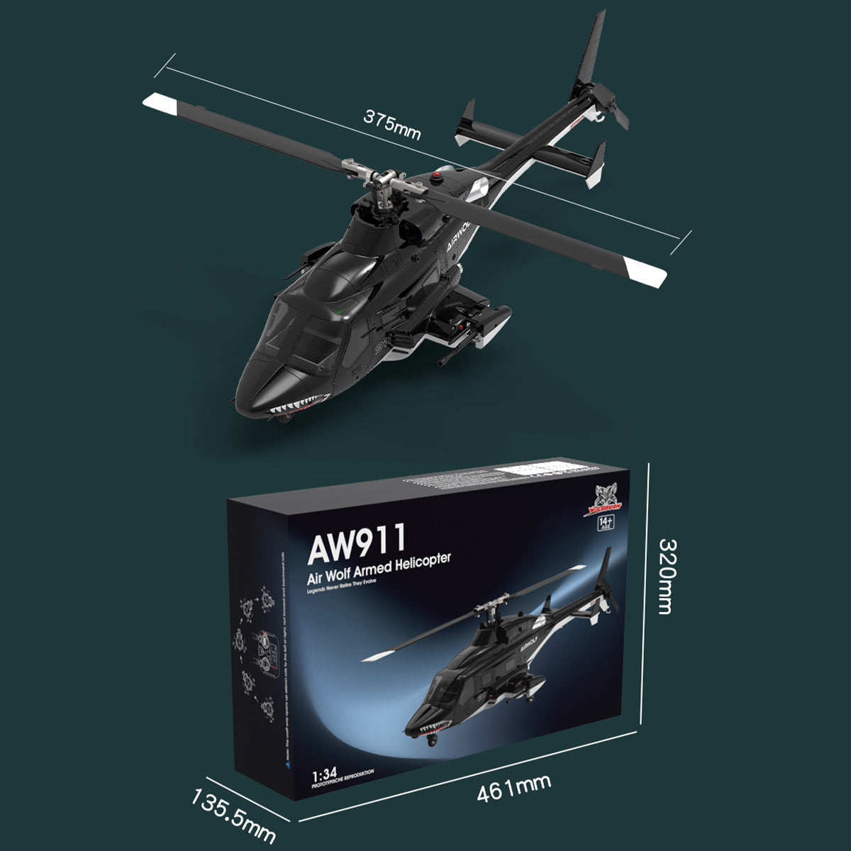 WOLFBUSH AW-911 Airwolf 1/34 Scale 2.4G 9CH Flybarless RC Helicopter Model with 6G/3D Stunt Mode and GPS Positioning (RTF Version/ Mode 1/Mode 2 Switchable)