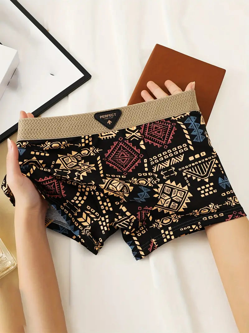 3pcs Men's Retro Geometric Print Boxer Briefs