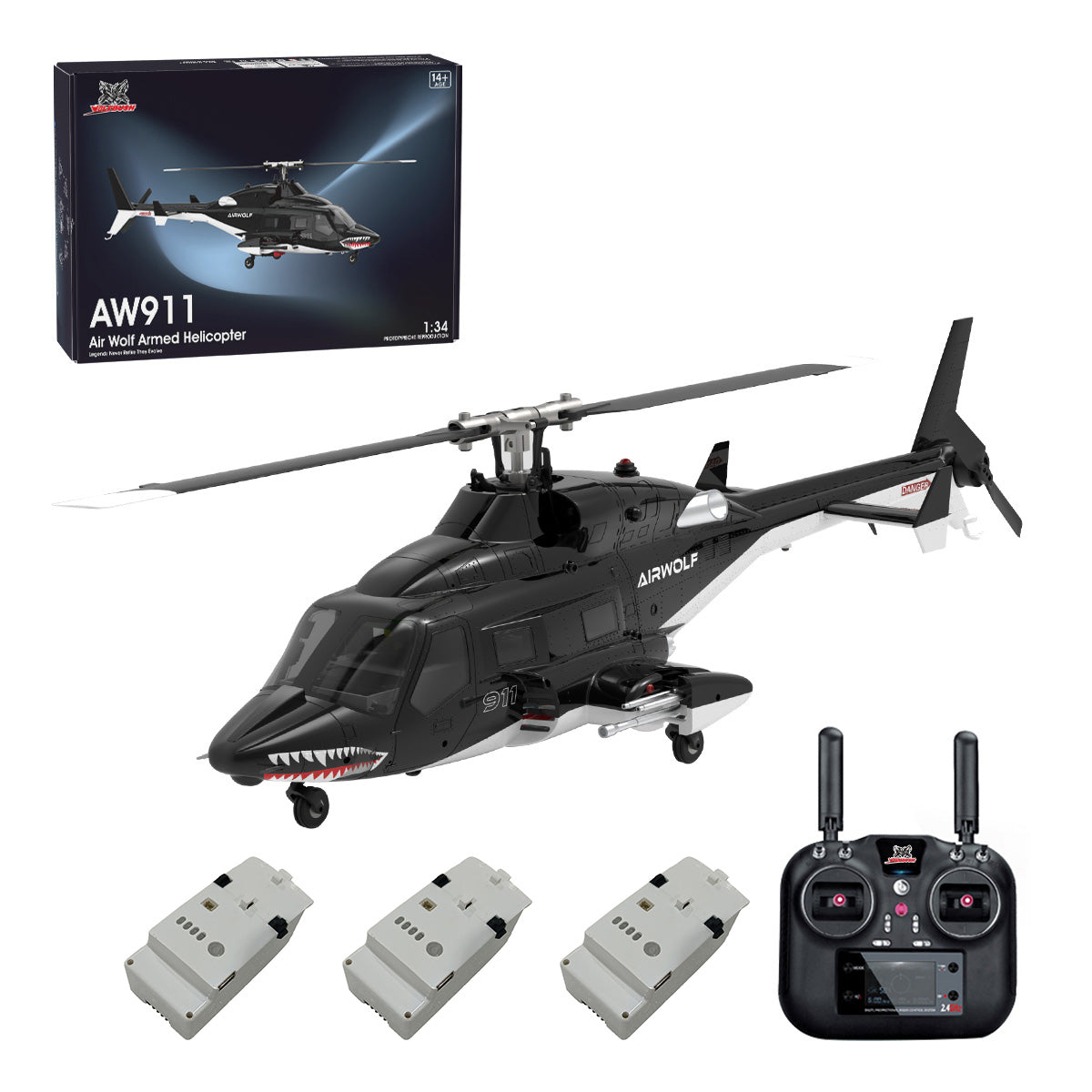 WOLFBUSH AW-911 Airwolf 1/34 Scale 2.4G 9CH Flybarless RC Helicopter Model with 6G/3D Stunt Mode and GPS Positioning (RTF Version/ Mode 1/Mode 2 Switchable)