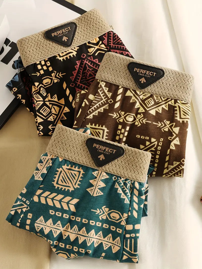 3pcs Men's Retro Geometric Print Boxer Briefs