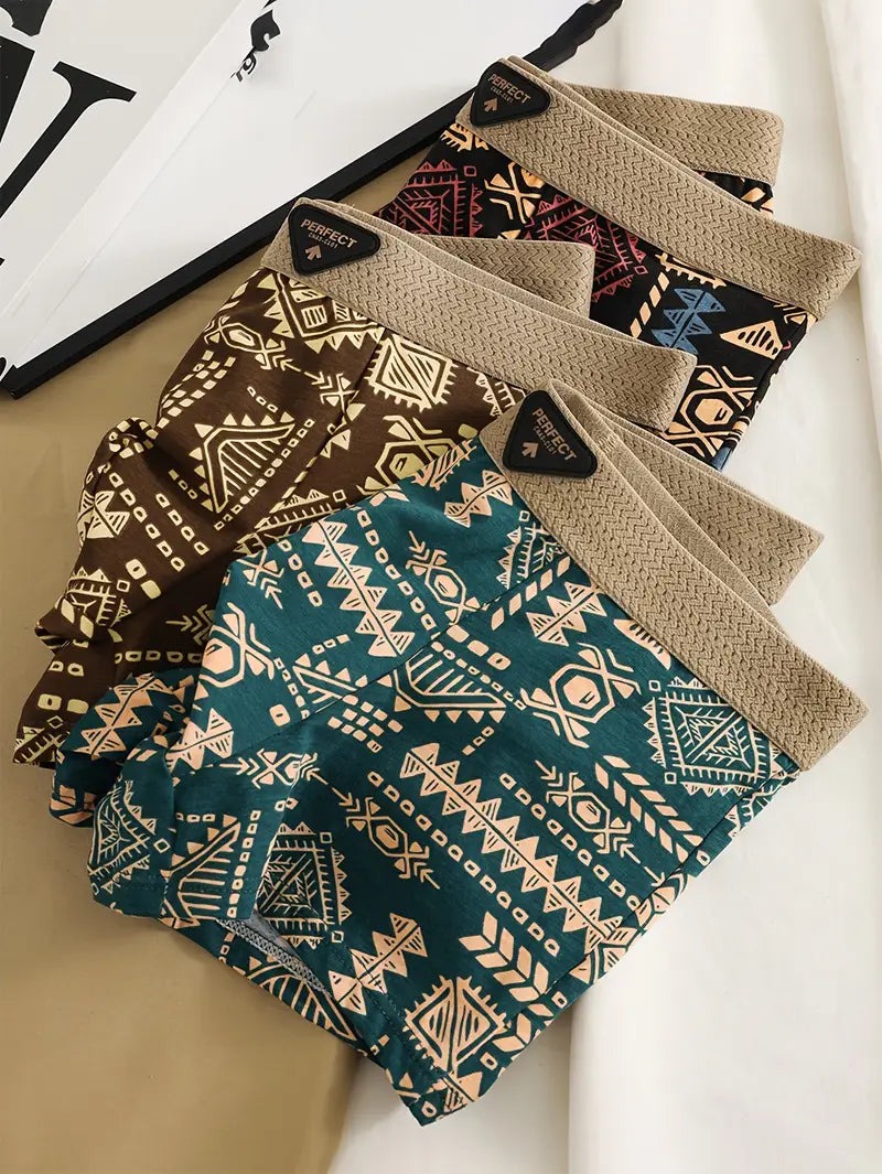 3pcs Men's Retro Geometric Print Boxer Briefs
