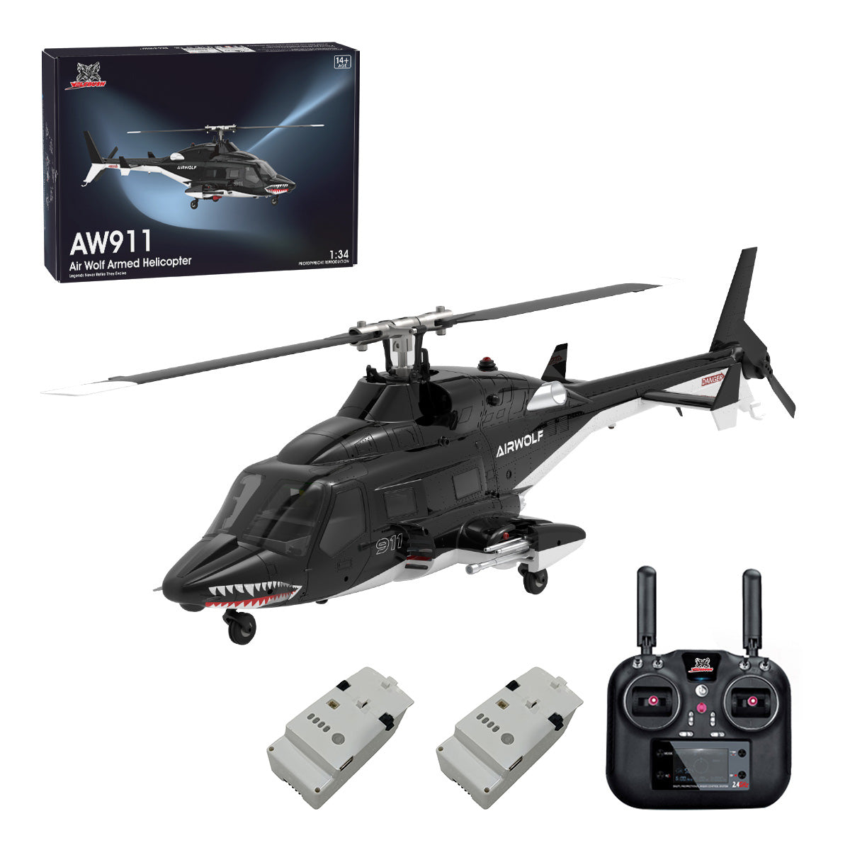 WOLFBUSH AW-911 Airwolf 1/34 Scale 2.4G 9CH Flybarless RC Helicopter Model with 6G/3D Stunt Mode and GPS Positioning (RTF Version/ Mode 1/Mode 2 Switchable)