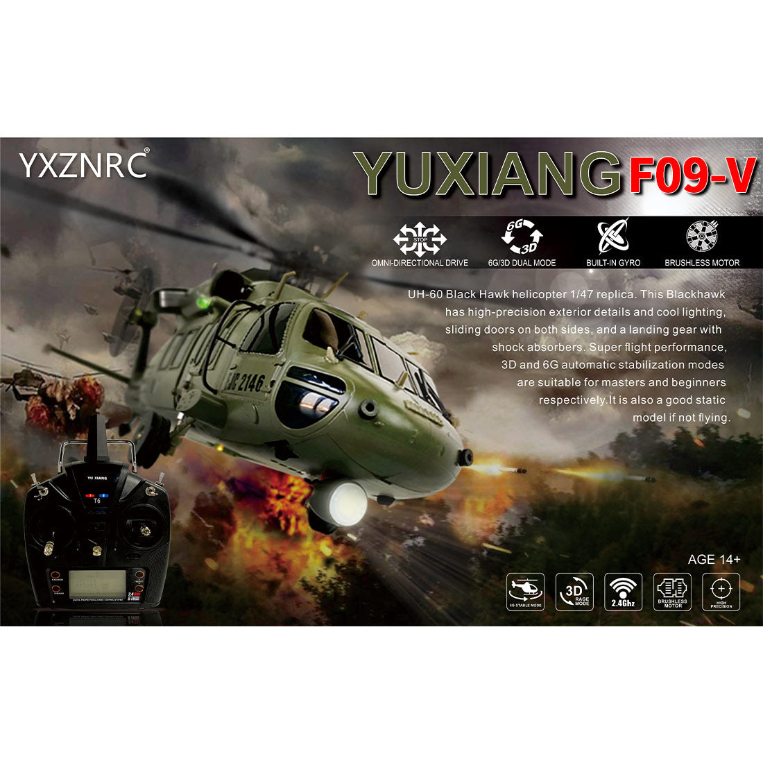 YU XIANG YXZNRC F09-V Blackhawk RC Helicopter 1/47 Scale 2.4G 6CH Dual Brushless Direct Drive Flybarless 6G/3D Stunt Model