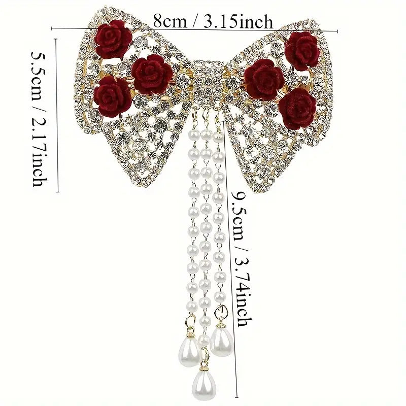 3 pc Bow & Roses Dangling Pearls Hair Clip