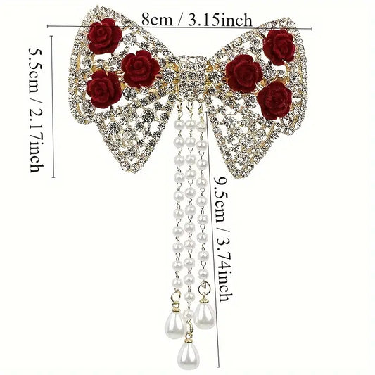 3 pc Bow & Roses Dangling Pearls Hair Clip