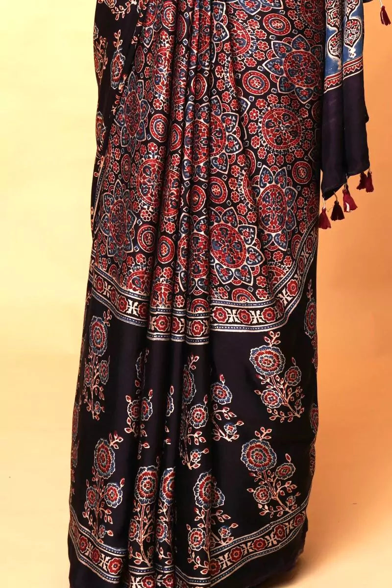 Black Minkundi Floral Ajrakh Modal Silk Saree