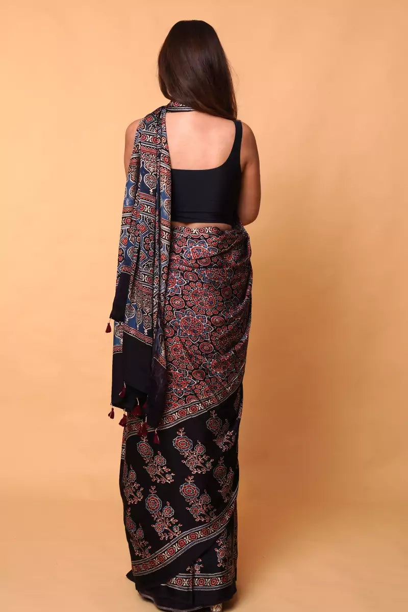 Black Minkundi Floral Ajrakh Modal Silk Saree