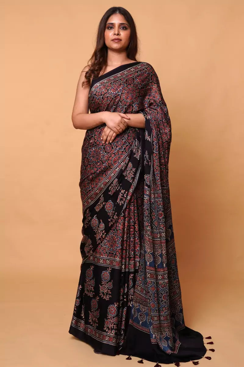 Black Minkundi Floral Ajrakh Modal Silk Saree