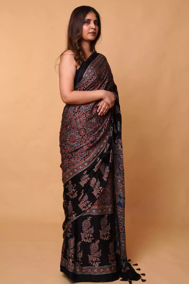 Black Minkundi Floral Ajrakh Modal Silk Saree