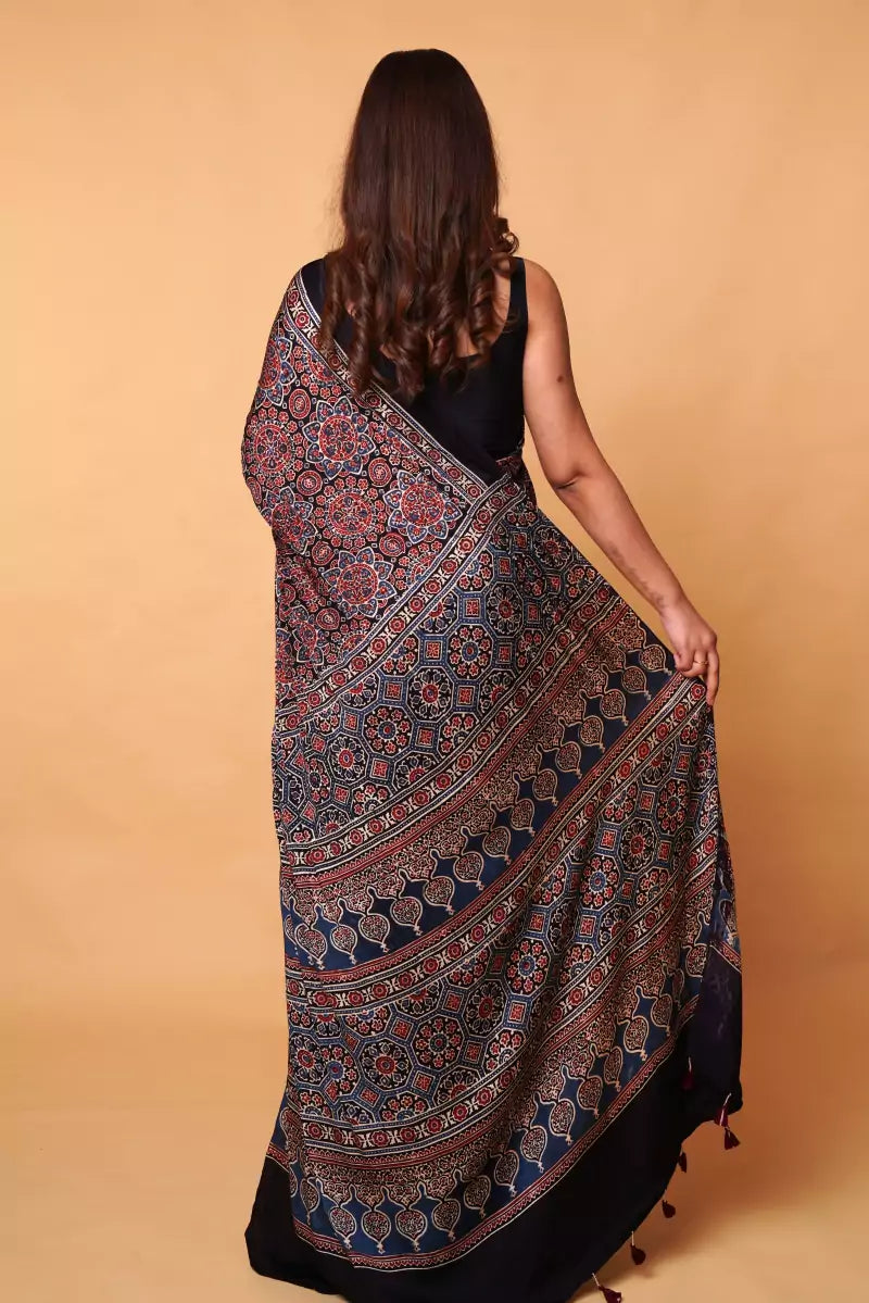 Black Minkundi Floral Ajrakh Modal Silk Saree