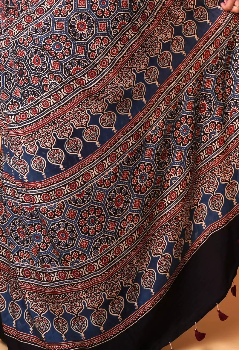 Black Minkundi Floral Ajrakh Modal Silk Saree