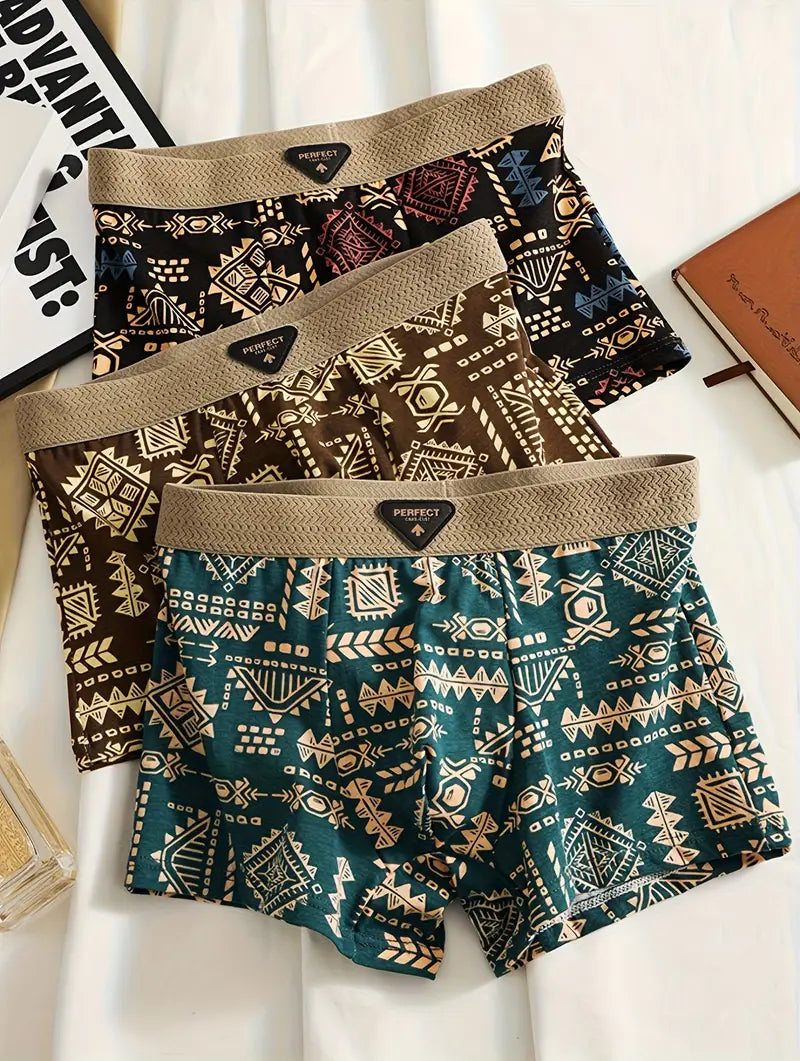 3pcs Men's Retro Geometric Print Boxer Briefs
