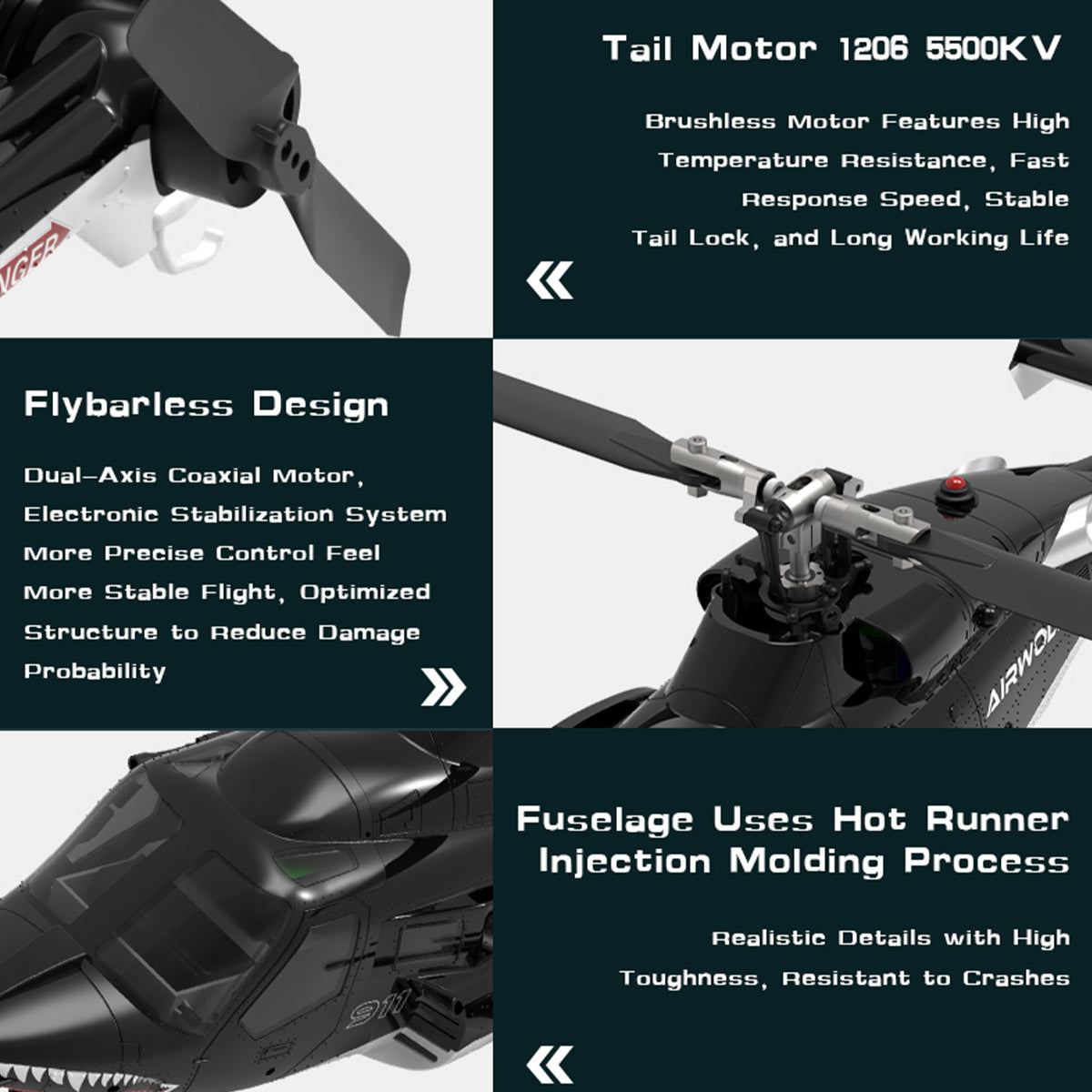 WOLFBUSH AW-911 Airwolf 1/34 Scale 2.4G 9CH Flybarless RC Helicopter Model with 6G/3D Stunt Mode and GPS Positioning (RTF Version/ Mode 1/Mode 2 Switchable)