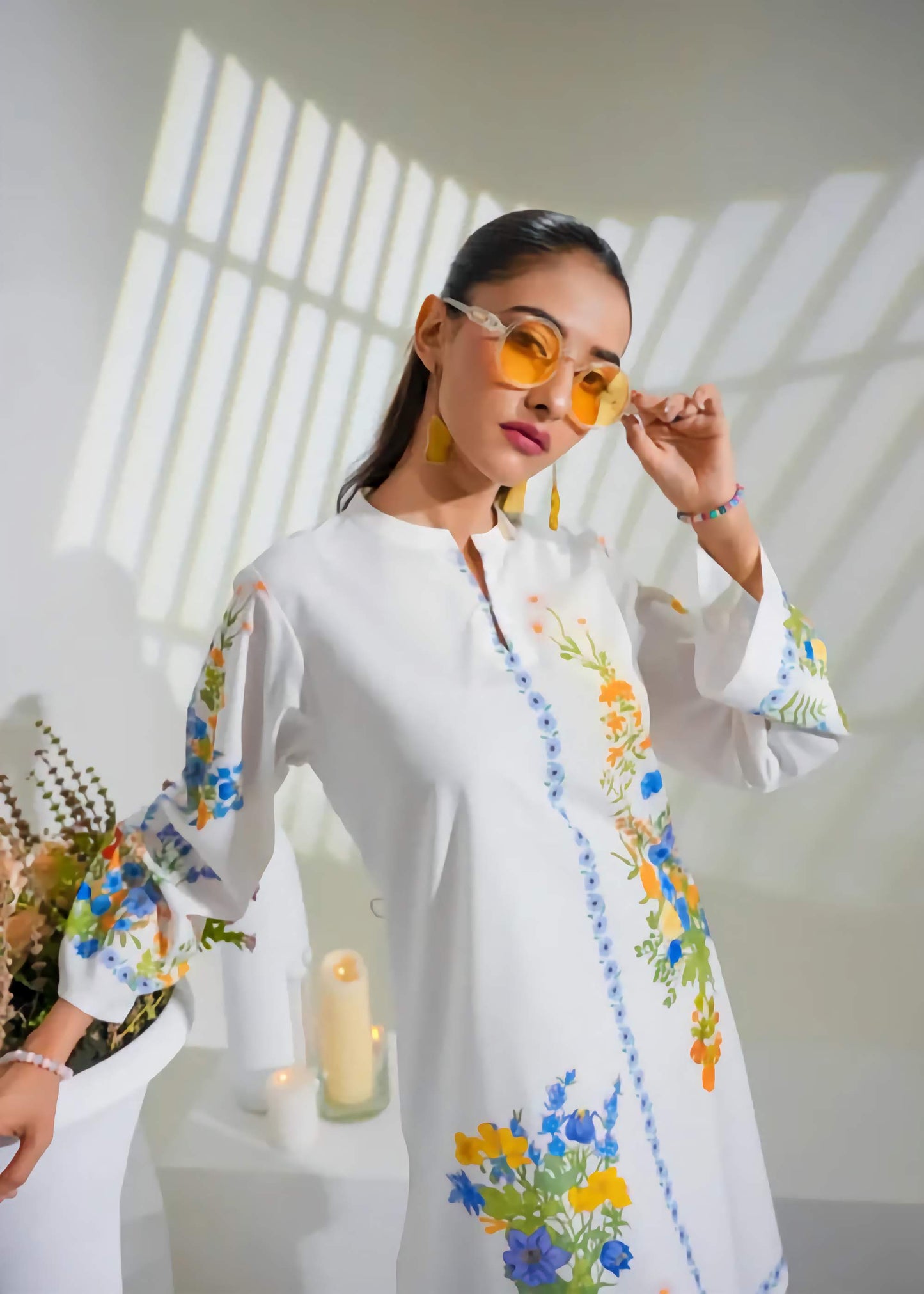 Sunset Bloom – Orange & Aqua Botanical 2-Piece Kurti Set