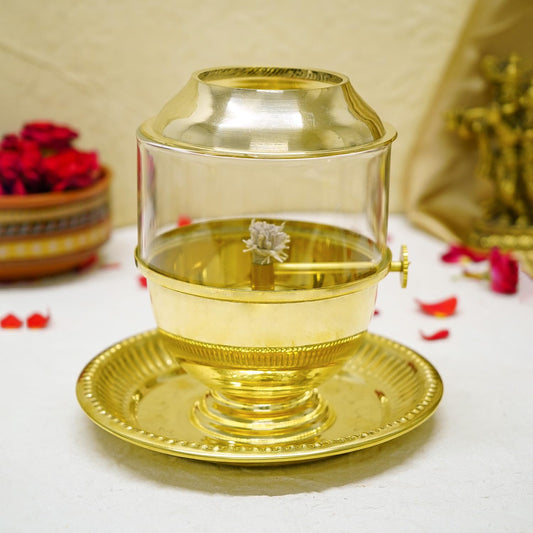 100% Pure Brass Akhand Jyot Diya - Adjustable Bati Screw | 250 ml | Gold