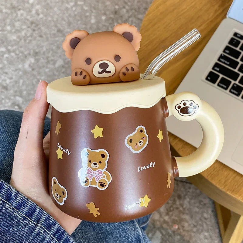 3D bear mug with lid and glass straw