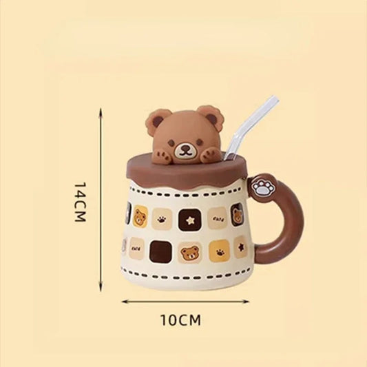 3D bear mug with lid and glass straw